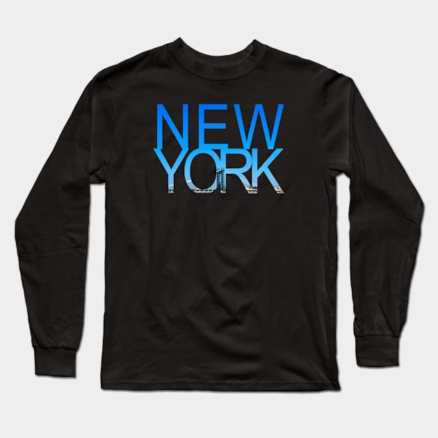 New York Text, Manhattan Bridge Long Sleeve T-Shirt by bpcreate